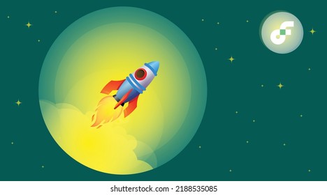 
Vector illustration of crypto currency FLOW rise to the moon concept. Rocket flying upwards to the moon or to the crypto symbol, logo.