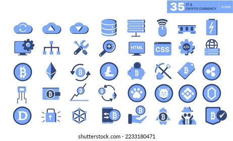 Iconos de TI e Ilustración Vector e Ilustración y Divisa Cripta establecen conceptos en color plano para banner, sitio web y interfaz de usuario