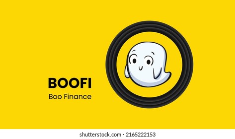 Vector illustration of crypto currency logo on yellow background with copy space. Boo Finance, BOOFI cryptocurrency token logo or symbol banner.