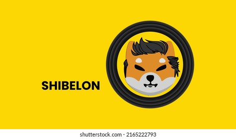 Vector illustration of crypto currency logo on yellow background with copy space. Shibelon, shib elon cryptocurrency token logo or symbol banner.