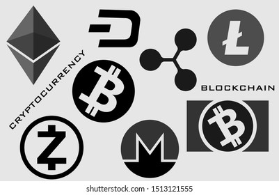 Vector illustration cryptocurrency blockchain bitcoin bitcoincash litecoin dash ripple monero zcash ethereum logo