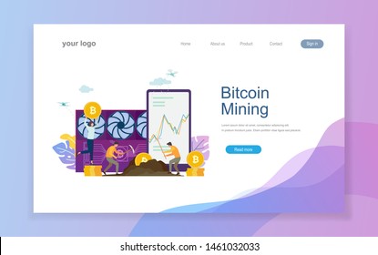 Vector illustration Cryptocurrency concept for business with coins. labourer with pick axes working bitcoin mine. Farm for the creation of bitcoins for web landing page template and banners.