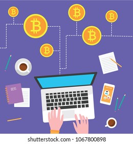 Vector illustration, crypto-currency concept. Hands on laptop and phone with bitcoin icon, internet money. Flat modern design on violet background.