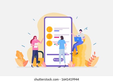 Vector Illustration, Cryptocurrency Exchange Concept, Showing a businessman buying bitcoin and ethereum, Suitable for landing page, UI, web, App intro card, editorial, flyer,and banner