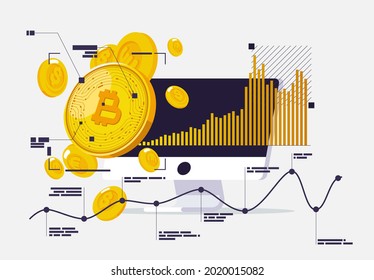 Vector illustration of a cryptocurrency gold coin on the background of a computer monitor with analytical charts of the price of cryptocurrencies with gold coins of international currencies