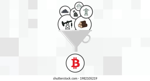 vector illustration of cryptocurrency made by traditional electric power energy usage 