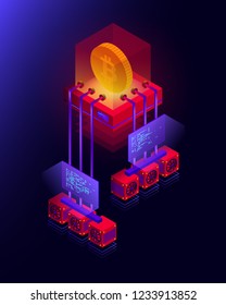 Vector illustration of cryptocurrency mining farm, big data processing for bitcoin, blockchain isometric concept in violet and red colors isolated on black background