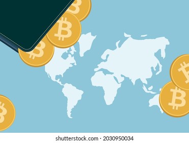 Vector illustration of cryptocurrency wallet and coin with cryptocurrency symbol. Against the background of the earth map