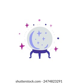Ilustración vectorial de una bola de cristal sobre un soporte azul y rodeada de estrellas en un estilo llano. El icono de la herramienta mágica sobre un fondo blanco puro.