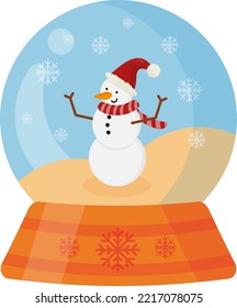 Ilustración vectorial de una bola de cristal con nieve y un muñeco de nieve. Paisaje invernal, frío día de invierno de diciembre. Objetos de Navidad. Celebración de Navidad y festividades. Hombre de nieve con bufanda.