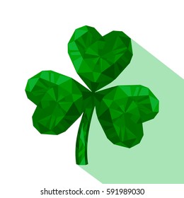 Vector illustration of crystal emerald Shamrock. Gem jewelry three-leaved clover. St. Patrick's Day isolated flat icon.