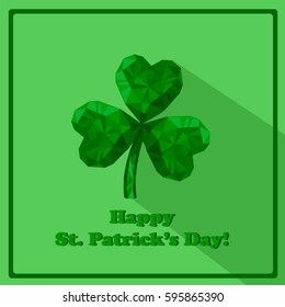 Vector illustration of crystal emerald Shamrock. Gem jewelry three-leaved clover. St. Patrick's Day flat postcard template.