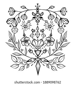 Ilustración vectorial, amor de cristal, ramas con hojas, corazón, cristales, espiritualidad y ocultismo, hechos a mano, impresos en camiseta, tatuaje