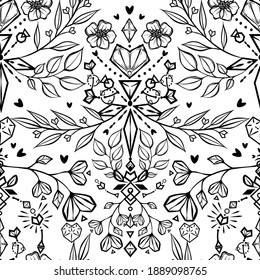 Ilustración vectorial, amor de cristal, ramas con hojas, corazón, cristales, espiritualidad y ocultismo, hecho a mano, fondo claro, patrón sin costuras