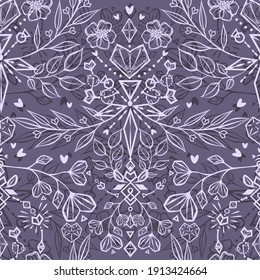 Vector illustration, crystal love, branches with leaves, heart, crystals, spirituality and occultism, Handmade, dark  background, seamless pattern