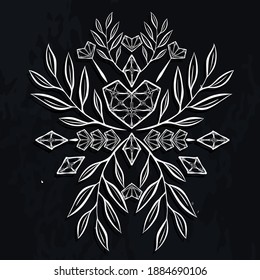 Ilustración vectorial, amor cristalino, corazón, ramas con hojas, cristales, espiritualidad y ocultismo, hechos a mano, fondo de pizarra, tatuaje