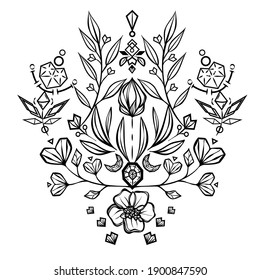 Vektorgrafik, Kristallliebe, Herz, Äste mit Blättern, Spiritualität und Okkultismus, Druck auf T-Shirt, Tattoo, handgefertigte Herstellung