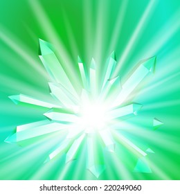 Vector illustration of a crystal with rays coming from the inside, burst of sparkling lights, big bang or supernova, or miracle gemstone on bright emerald green color background