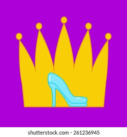 Vector illustration of a crystal shoe and a crown. Flat style fairy tale illustration.