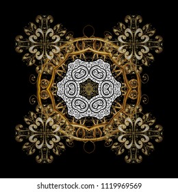 Vector illustration. Crystal snowflake in black, brown and beige colors on black, brown and beige colors.
