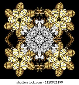 Vector illustration. Crystal snowflake in black, yellow and white colors on black, yellow and white colors.