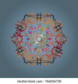 Vector illustration. Crystal snowflake in blue, orange and gray colors on blue, orange and gray colors.