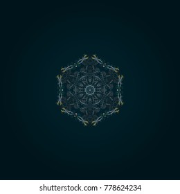 Vector illustration. crystal snowflake in blue, gray and green colors on blue, gray and green colors.