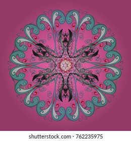 Vector illustration. Crystal snowflake in pink, blue and gray colors on pink, blue and gray colors.