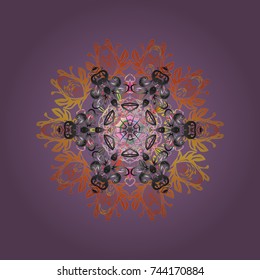 Vector illustration. crystal snowflake in purple, gray and orange colors on purple, gray and orange colors.