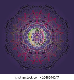 Vector illustration. Crystal snowflake in violet, gray and magenta colors on violet, gray and magenta colors.