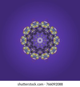 Vector illustration. Crystal snowflake in violet, gray and white colors on violet, gray and white colors.
