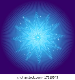 Vektorgrafik von Kristallstern auf blauem Hintergrund mit Lichtstrahlen und Sternensterben