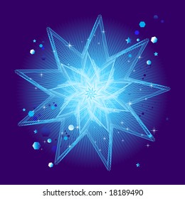 vector illustration of crystal star on blue background with light rays and burst of stars