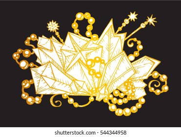 Vector illustration, crystals and beads. Precious stones and pearls. Printing on T-shirts, covers, fabrics and souvenirs. Fashion and beauty, charms and accessories. Jewelry for girls.