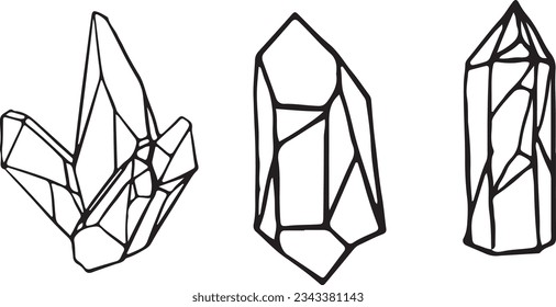 Vektorgrafik von Kristallen. Kunstvektor der Kristalllinie. Vektorgrafik von Mineralien. Einfaches Schwarzes Rahmensymbol mit Vektorreflektion. Die Sammlung von linearen Mineralien umfasst Diamanten, Smaragde