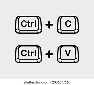 Ilustración vectorial de Ctrl C, Ctrl V botones de teclado, copiar y pegar iconos de acceso directo de teclas en fondo gris.