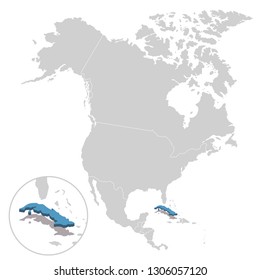 Vector illustration of Cuba in blue on the grey model of North America map with zooming replica of country