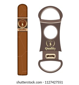 Vector illustration of cuban cigar with label and cigar cutter isolated on white background. Flat style design.