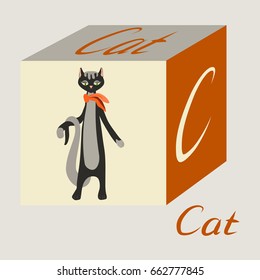Vector illustration of a cube with a cat, the letter C and the word cat