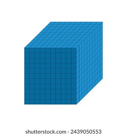 Vector illustration of cube with dimensions 10 by 10 by 10, school, exact sciences, mathematics.