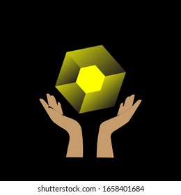 Vector illustration of a cube and a hand