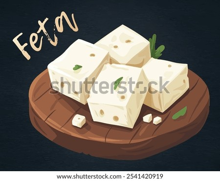 Vector illustration of cubes of feta cheese, a popular ingredient in Mediterranean cuisine. Light snack or appetizer, feta for various diet-friendly meals. Cartoon design 