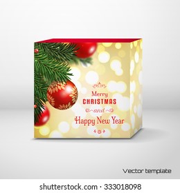 Vector  illustration. Cubic box with place for your text. Fir tree branches on blurred background with red balls. Christmas and New Year theme.