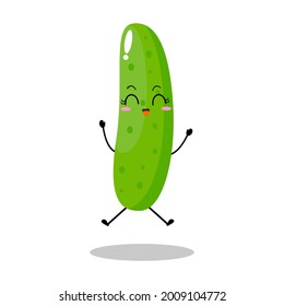 Vector illustration of cucumber character with cute expression, jumping, happy, funny, cucumber isolated on white background, simple minimal style, vegetable for mascot collection, emoticon, kawaii