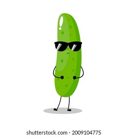 Vector illustration of cucumber character with cute expression, cool, happy, funny, cucumber isolated on white background, simple minimal style, vegetable for mascot collection, emoticon, kawaii