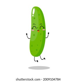 Vector illustration of cucumber character with cute expression, jump, happy, funny, cucumber isolated on white background, simple minimal style, vegetable for mascot collection, emoticon, kawaii