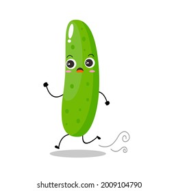 Vector illustration of cucumber character with cute expression, panic run, happy, funny, cucumber isolated on white background, simple minimal style, vegetable for mascot collection, emoticon, kawaii