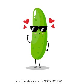 Vector illustration of cucumber character with cute expression, lovely sunglasses, funny, cucumber isolated on white background, simple minimal style, vegetable for mascot collection, emoticon, kawaii