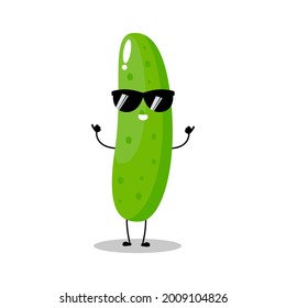 Vector illustration of cucumber character with cute expression, sunglasses, happy, funny, cucumber isolated on white background, simple minimal style, vegetable for mascot collection, emoticon, kawaii