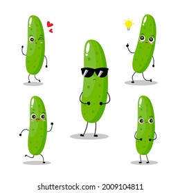 Vector illustration of cucumber character with various cute expression, funny, set of cucumber isolated on white background, simple minimal style, fresh fruit for mascot collection, emoticon